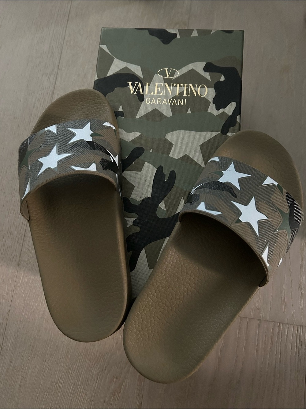Valentino Olive Camo Star Slide Sandals with White Stars